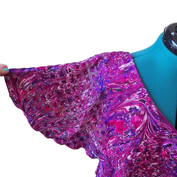 Vintage 70s/80s Hot Pink/Purple Swirl Ruffled Flutter Sleeve Dress Women Size L - Picture 4 of 10